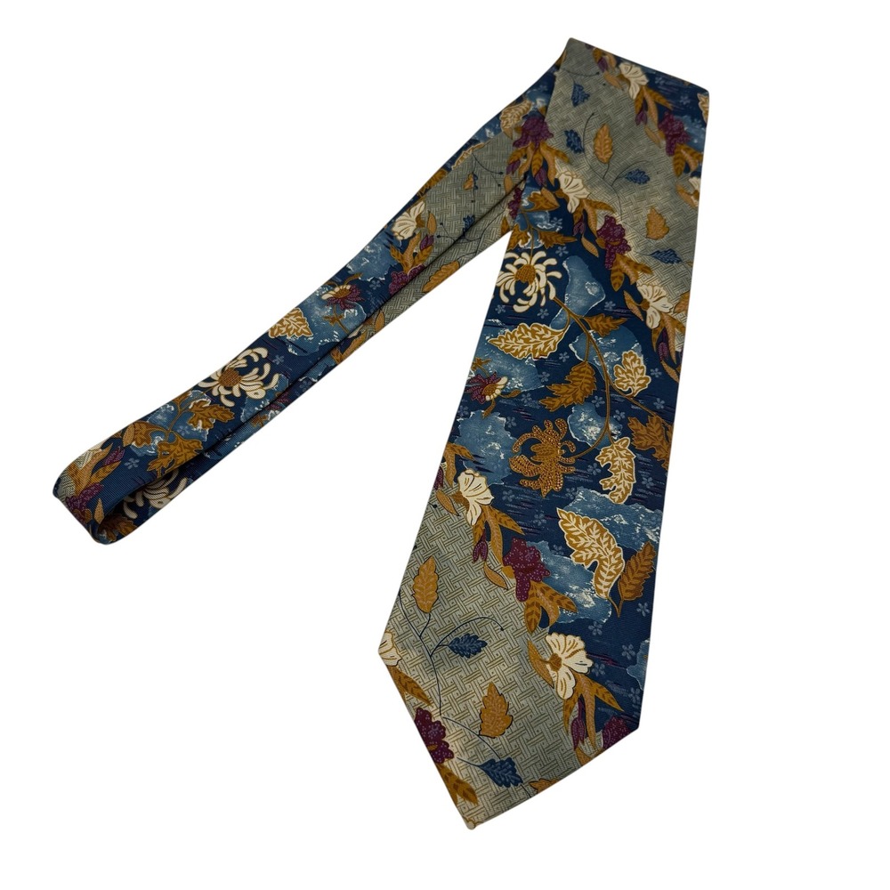 Structure Blue Gold Floral Geometric Italian Silk Made in USA 57" x 4" Necktie - Picture 2 of 8
